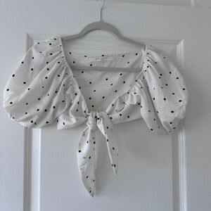 Polka Dot Puff Sleeve Tie-Front Top